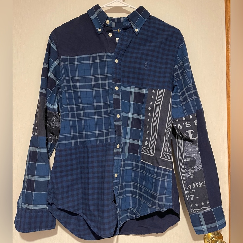 Ralph Lauren Polo Men's Blue Patchwork Button Up Shirt Size M